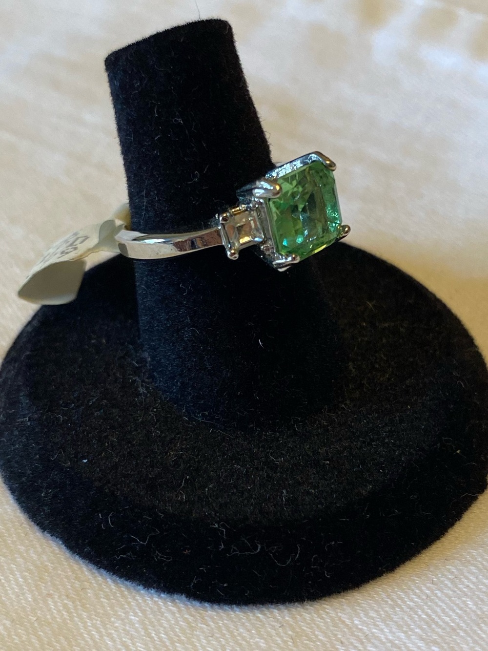 Sterling-Style Silver Ring with Square Emerald-Green Center Stone, Size 6